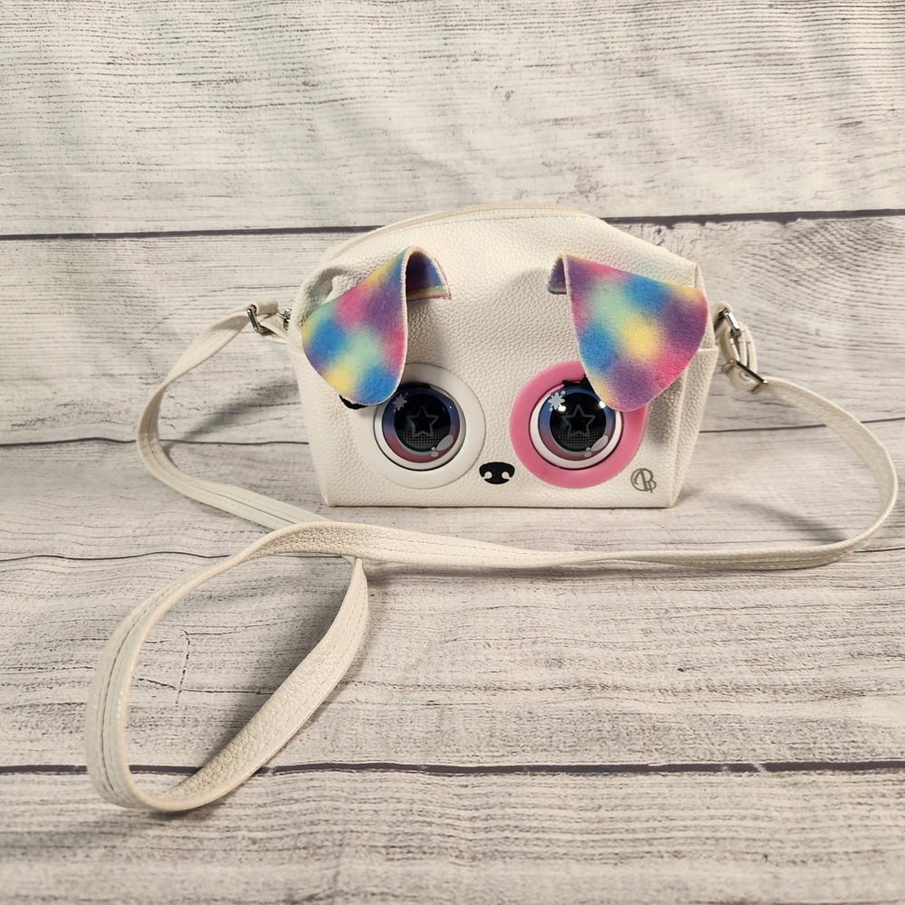 Purse Pets Interactive Puppy Crossbody Bag White Blinking Eyes Tie Dye Ears